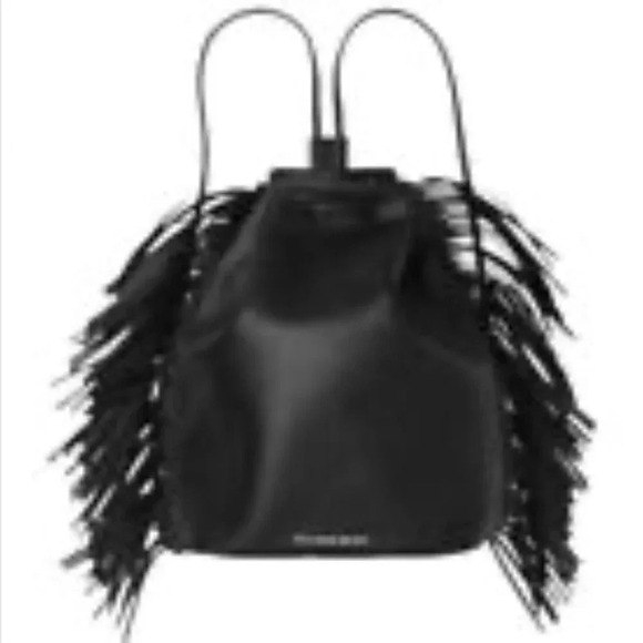 Victoria Secret Black Faux Leather Fringe Drawstring Backpack - Picture 1 of 10
